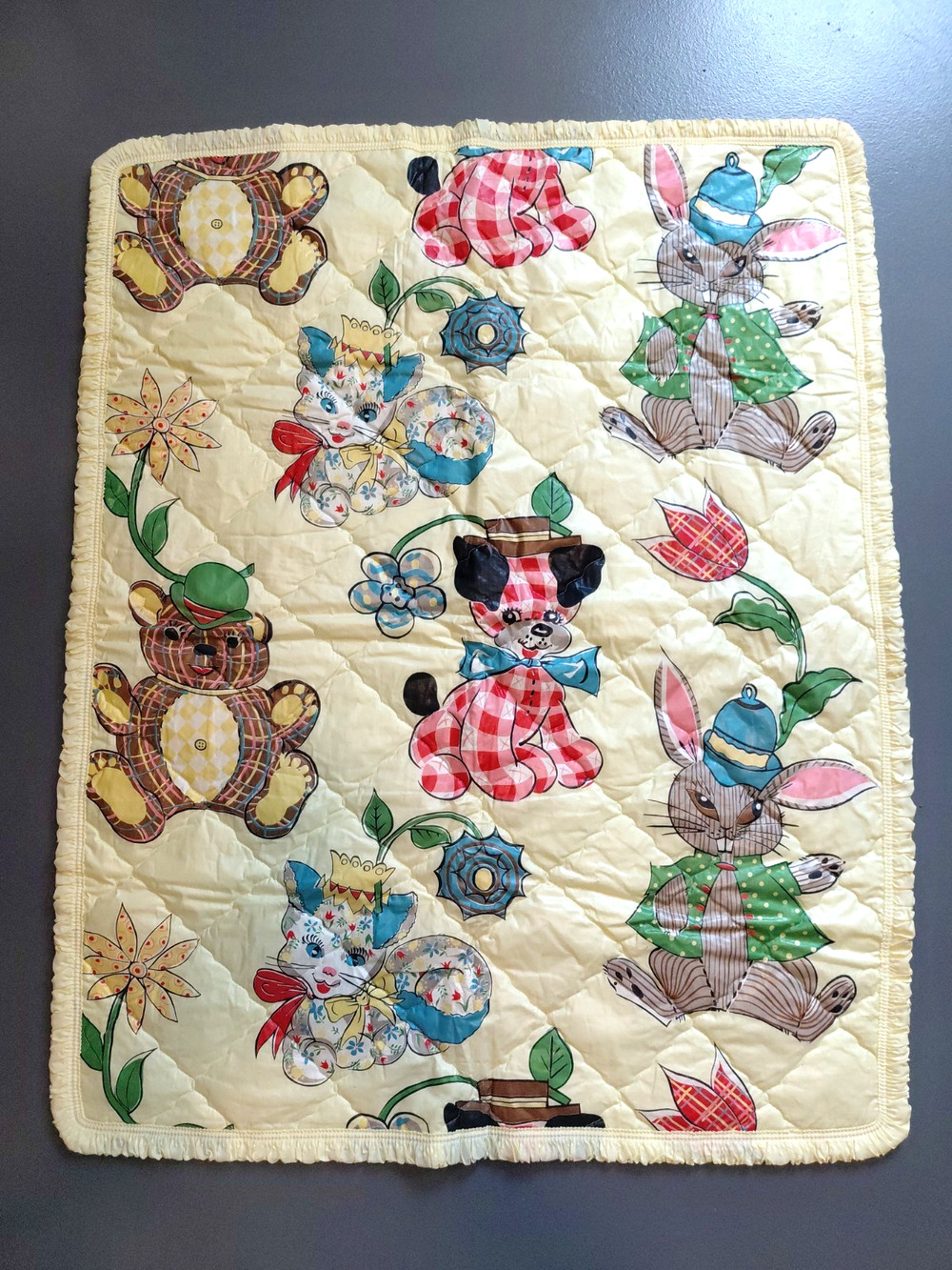 VTG Baby Blanket Quilt Comforter Yellow Anthropomorphic Animals MCM Kitch Sheen